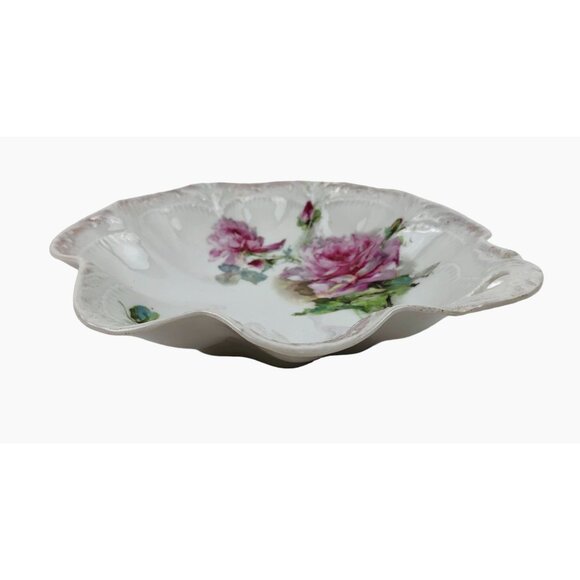 Antique K Steinmann German Porcelain Floral Dish Pink Roses Scalloped Edges - Picture 6 of 10